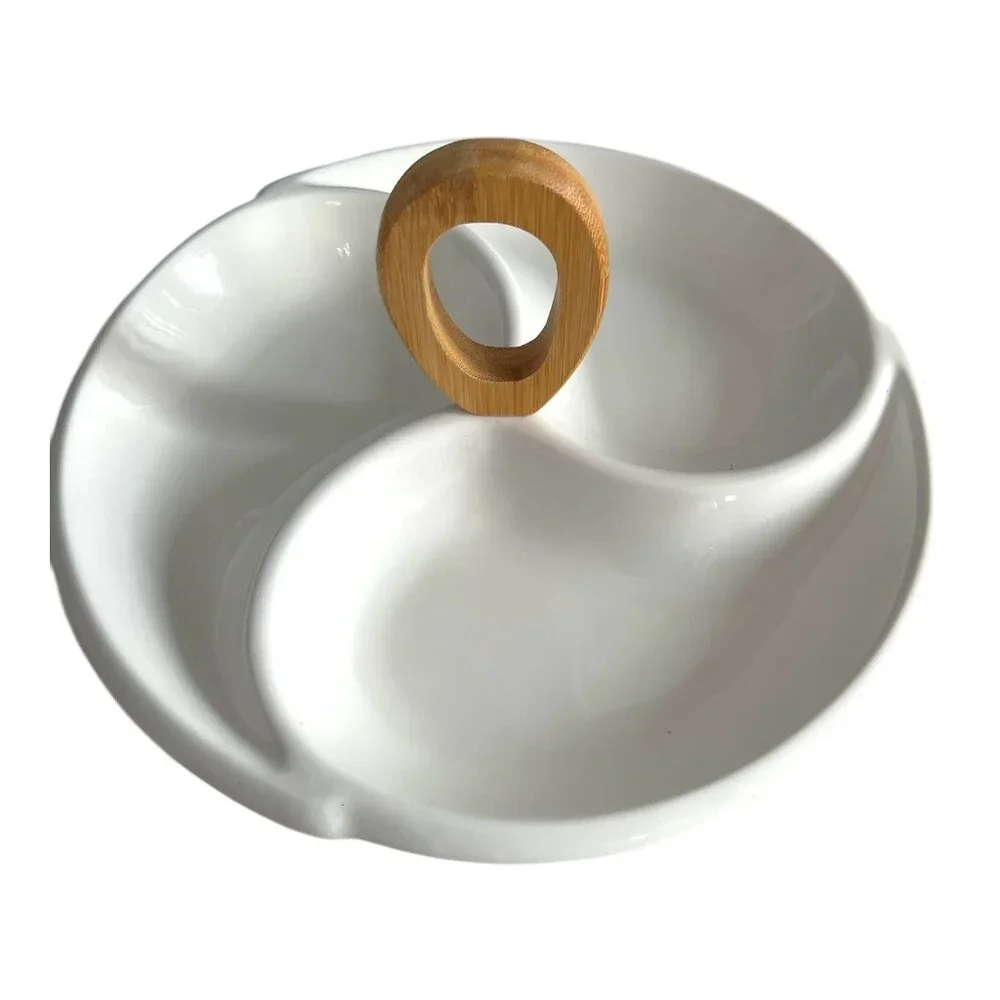 Brandani Divided Ceramic Serving Dish with Bamboo Handle 12 Inch